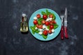 Fresh italian caprese salad with mozzarella and tomatoes on blue plate over dark stone background with copy space, flat Royalty Free Stock Photo