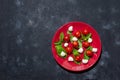 Fresh italian caprese salad with mozzarella and tomatoes on red plate over dark stone background with copy space, flat Royalty Free Stock Photo