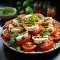 Italian caprese salad with sliced tomatoes, mozzarella cheese, basil, olive oil. Served in vintage metal plate on textile napkin Royalty Free Stock Photo