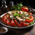 Italian caprese salad with sliced tomatoes, mozzarella cheese, basil, olive oil. Served in vintage metal plate on textile napkin Royalty Free Stock Photo