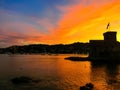 Italian castles on sea italian flag - castle of Rapallo , Liguria Genoa Tigullio gulf near Portofino Italy .