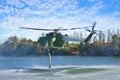 Italian CFS 103 fire fighting helicopter flying over a lake to collects water through a suction tube to extinguish a fire Royalty Free Stock Photo