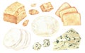 Italian cheese set. Mozzarella, blue cheese, gorgonzola, parmesan, grano padano. Watercolor illustration. Hand-drawn Royalty Free Stock Photo