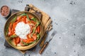 Italian cheese stracciatella burrata on plate with fresh tomatoes and arugula. Gray background. Top view. Copy space Royalty Free Stock Photo