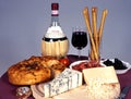 Italian cheese, wine and bread.