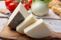 Italian cheeses, mature Tuscan Pecorino sheep cheese and Provolone dolce cow cheese served with olive bread and tomatoes Royalty Free Stock Photo