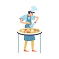 Italian chef cook grating cheese on pizza, flat vector illustration isolated.