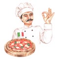 Italian chef holding a tray of delicious Margherita pizza in one hand and making an OK gesture with his other hand