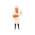 Italian chef holding wooden board with traditional pizza. Cartoon man character in kitchen uniform, hat, red scarf