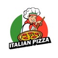 Italian chef. Pizza maker prepares a pizza. Vector logo. Royalty Free Stock Photo