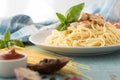 Italian chiken pasta, spaghetti wtih basilik, tomato . Vegetarian vegetable pasta. Royalty Free Stock Photo