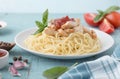 Italian chiken pasta, spaghetti wtih basilik, tomato . Vegetarian vegetable pasta. Royalty Free Stock Photo