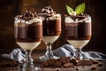 Italian chocolate and coffee mousse dessert semifreddo in small glasses. Italian cuisine. Generative AI