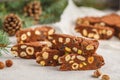 Italian Christmas dessert panforte with nuts, chocolate and candied fruits. Christmas background Royalty Free Stock Photo