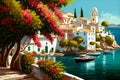 Italian city on seashore, white houses, green trees, flowers, sun, blue sky, boats, heat