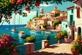 Italian city on seashore, white houses, green trees, flowers, sun, blue sky, boats, heat