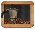 Italian Coffee Maker and Coffee Beans in a blackboard