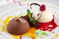 Italian Colorful ice cream scoops semifreddo with chocolate and raspberry