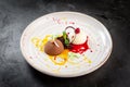 Italian Colorful ice cream scoops semifreddo with chocolate and raspberry on white plate