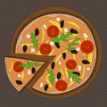 Italian colorful pizza on dark background, vector illustration