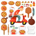 Italian cook pizza delivery boy pizzeria cartoon courier on motorbike and deliver dinner icon food box fast party meal Royalty Free Stock Photo