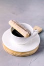 Italian Cookie Savoiardi in Glass Tiramisu Biscuits Savoiardi Wooden Background Vertical Toned