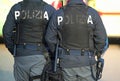 Italian COPS in riot gear with the word POLIZIA meaning police i