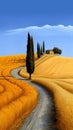 The Italian Countryside: A Stunning Landscape of Wheat Fields, Lone Trees, and Cypresses Royalty Free Stock Photo