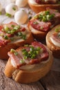 Italian crostini with bacon and mozzarella cheese close-up. vert Royalty Free Stock Photo