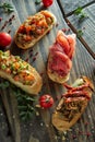 Italian crostini with various toppings Royalty Free Stock Photo