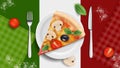 Italian cuisine banner. Pizza on plate, realistic basil tomatoes cutlery. Italy kitchen tasty food, restaurant cafe Royalty Free Stock Photo