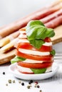 Italian cuisine: caprese salad and breadsticks with ham Royalty Free Stock Photo