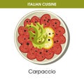 Italian cuisine Carpaccio meat or fish appetizer vector icon for restaurant menu or cooking recipe template