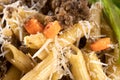 Italian cuisine. Colorful food concept. Delicious gourmet pasta with meat and fresh salad