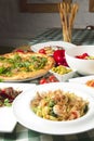 Italian cuisine concept top view Italian dishes. Summer strawberry menu
