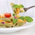 Italian cuisine eating colorful Penne Rigate noodles pasta meal