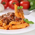 Italian cuisine eating pasta Bolognese sauce noodles meal Royalty Free Stock Photo