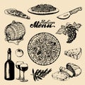 Italian cuisine menu.Sketched traditional southern europe food and drink signs.Vector set of mediterranean meal elements Royalty Free Stock Photo