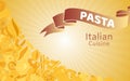 Italian cuisine with pasta and macaroni fusilli, spaghetti, gomiti rigati, farfalle and rigatoni, ravioli with text Royalty Free Stock Photo