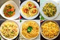 Italian Cuisine. Pasta Varieties of pasta and dishes. Food collage. Collage Pasta in the plate. top view Royalty Free Stock Photo