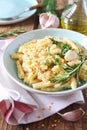 Italian food. Penne pasta with red lentils, parsley and olive oil dressing