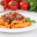 Italian cuisine Penne Rigate Bolognese sauce noodles pasta meal Royalty Free Stock Photo