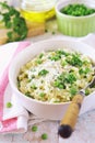 Italian cuisine. Plate of green pea risotto with parmesan cheese, olive oil and parsley Royalty Free Stock Photo