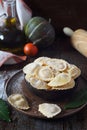 Italian Cuisine. Pumpkin and ricotta raw ravioli Royalty Free Stock Photo