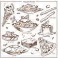 Italian cusine sketch dishes pizza, pasta, meat and dessert vector icons set