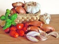 Italian cuisine, tomato sauce. Ingredients for preparation, tomato, onion, garlic, basil