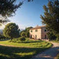 Italian cypress trees rows and a white road rural landscape. Siena, Tuscany, Italy, Europe. made with Generative AI Royalty Free Stock Photo