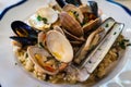 Italian delicious seafood risotto, rice with various of mussels