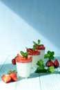 Italian dessert Panakota with strawberry coolies, fresh berries and mint on a blue background with hard shadows. Creamy milk Royalty Free Stock Photo