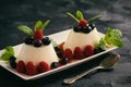 Italian dessert - panna cotta with berries and caramel sauce. Royalty Free Stock Photo